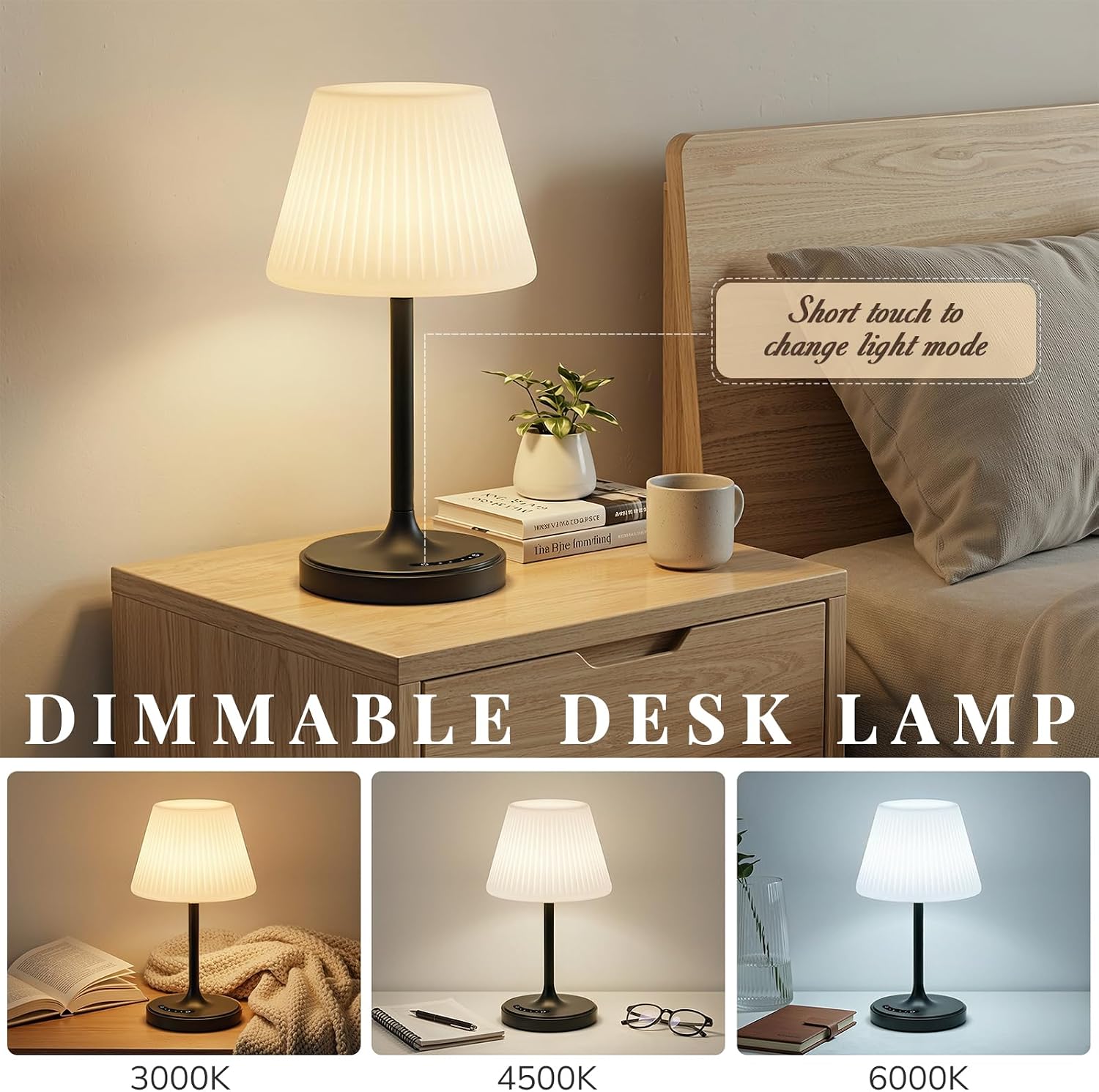 Audles Cordless Table Lamp, Waterproof Shower Lamp, 4000mAh Rechargeable Table Lamps, 3-Color Dimmable Light, Battery Operated Lamp Desk Ni…
