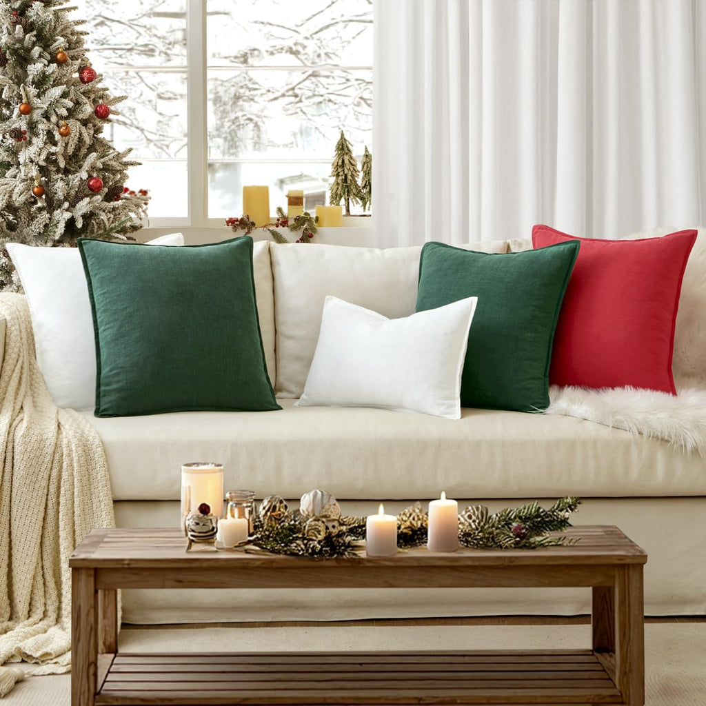 EMEMA Christmas Throw Pillow Covers Decorative Linen Pillow Covers 20x20 Inch Green Boho Farmhouse Neutral Couch Throw Pillows for Bed…