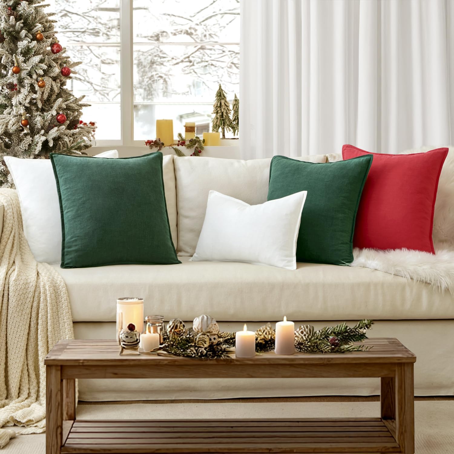 EMEMA Christmas Throw Pillow Covers Decorative Linen Pillow Covers 24x24 Inch Green Boho Farmhouse Neutral Couch Throw Pillows for Bed…