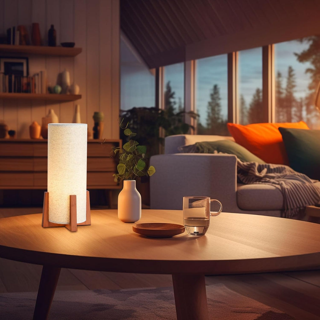 KUNJOULAM Modern Table Lamps, Nightstand Lamp with Linen Fabric Shade Brown Wooden Base, 13.9" Cylinder Bedside Table Lamp for Bedroom…