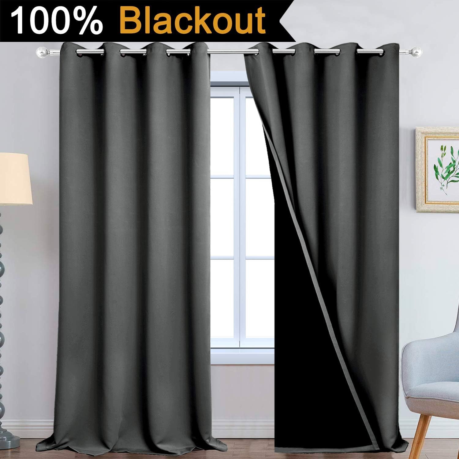 Yakamok 100% Blackout Lined Panels, Thermal Insulated Blackout Curtains for Bedroom, Heat Blocking Drapes for Living Room(52Wx108L, Dark Gr…