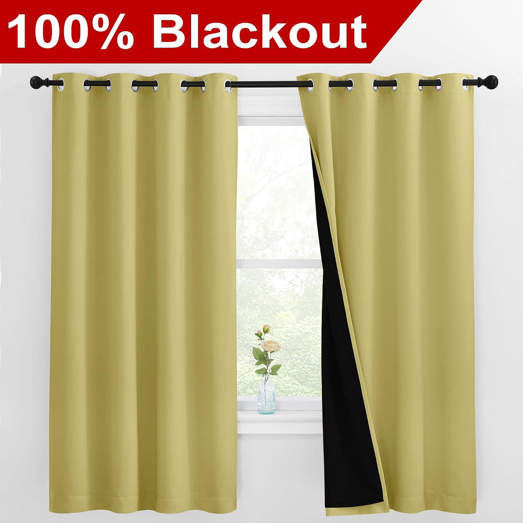 Nicetown 100% Blackout Curtains with Black Liners, Thermal Insulated Full Blackout 2-Layer Lined Drapes, Energy Efficiency Window Draperies…