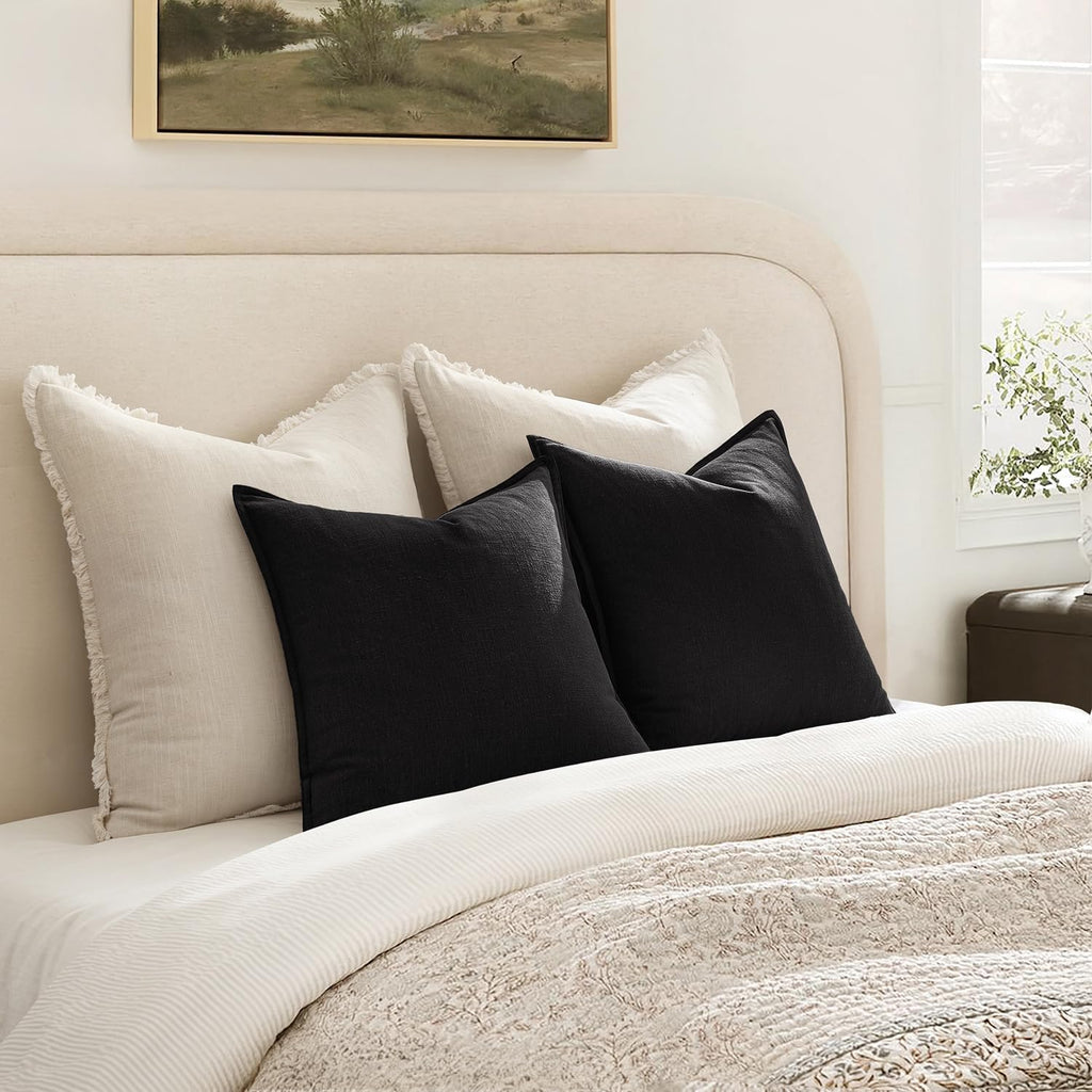 Anroduo Pack of 2 Decorative Linen Pillow Covers Black Neutral Farmhouse Boho Soild Cushion Case Soft Accent Pillowcase for Couch Sofa Bedr…