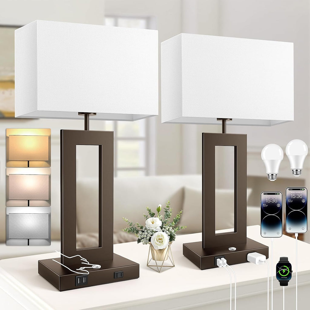 3 Color Temperatures Brown Table Lamps for Bedrooms Set of 2, 22’’ Touch Control Bedside Nightstand Lamps with 2 USB Ports & AC Outlet…