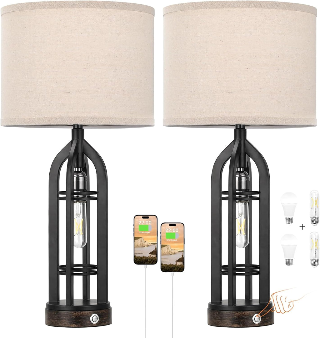 Seealle Table Lamps for Living Room Set of 2 - Black Bedside Lamp for Bedroom with USB C+A & Outlet, Farmhouse Lamps for Night Stands…