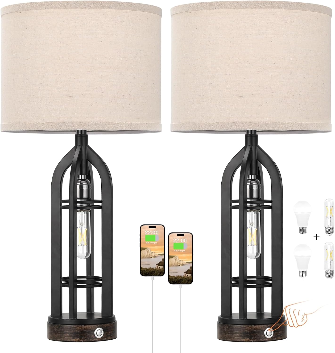 Seealle Table Lamps for Living Room Set of 2 - Black Bedside Lamp for Bedroom with USB C+A & Outlet, Farmhouse Lamps for Night Stands…