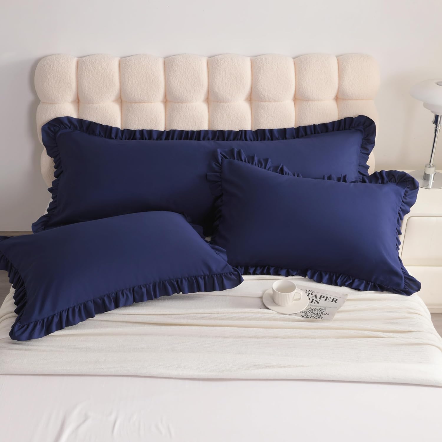Aerlomi Ruffled Pillowcases, King Pillow Shams 20x36 Set of 2, Brushed Microfiber with Envelope Closure, Soft Wrinkle-Resistant, Nav…