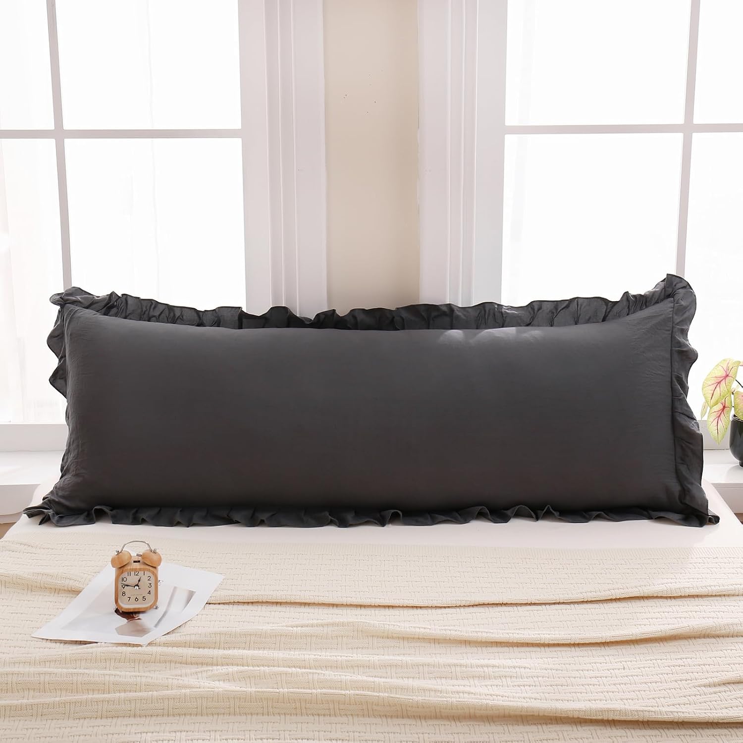 Merryword Dark Gray Body Pillow Cover 20x54inches Reversible Long Pillowcase Ruffled Body Pillowcases Cute Pillowcase Pillow Sham (1 Body,…