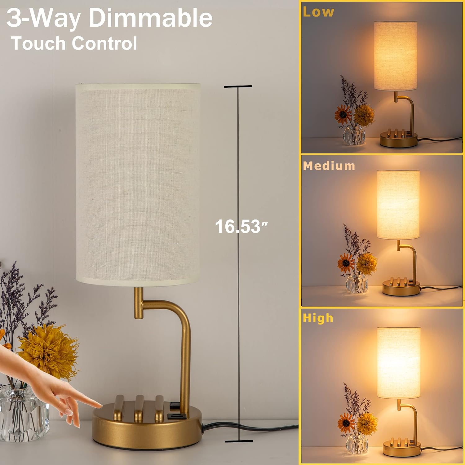 Dreamholder Touch Control USB Table Lamp, Upgraded 3-Way Dimmable Bedside Desk Lamp with USB C & A Charging Ports and AC Outlet…
