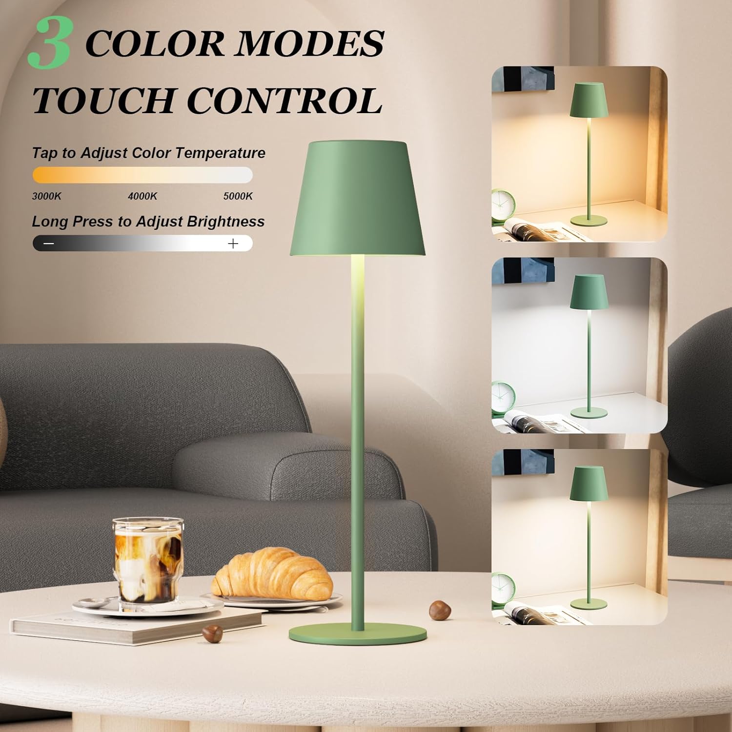 Kakanuo Cordless Table Lamp Rechargeable Green - KK 2 Pack 5000mAH Battery Operated Lamp for Dining Table, 3 Color Stepless Dimming…