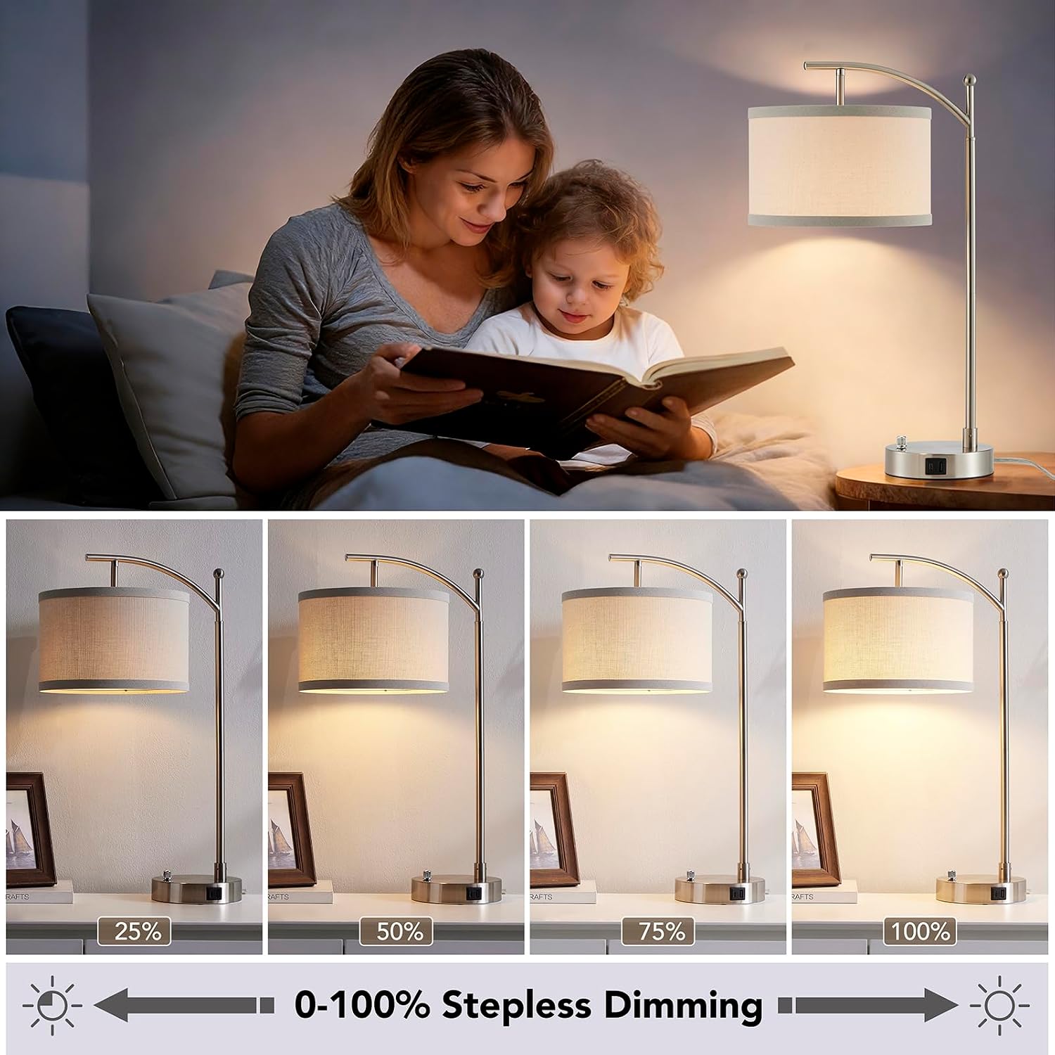 Table Lamp for Living Room Bedroom, 23.5" Table Lamps Set of 2 with USB C+A Ports, Bedside Lamps for Nightstand with Linen Lamp Shades, 2…