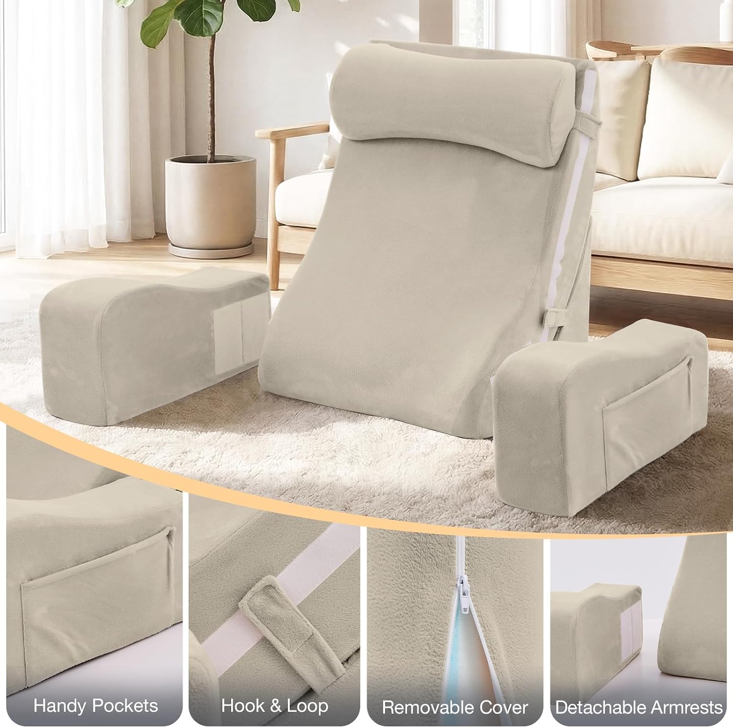 Sasttie Reading Pillow with Armrests, 15–25 Inch Adjustable Back Support Pillow for Bed Sitting Up, Memory Foam Back Rest Cushion Bed Chair…