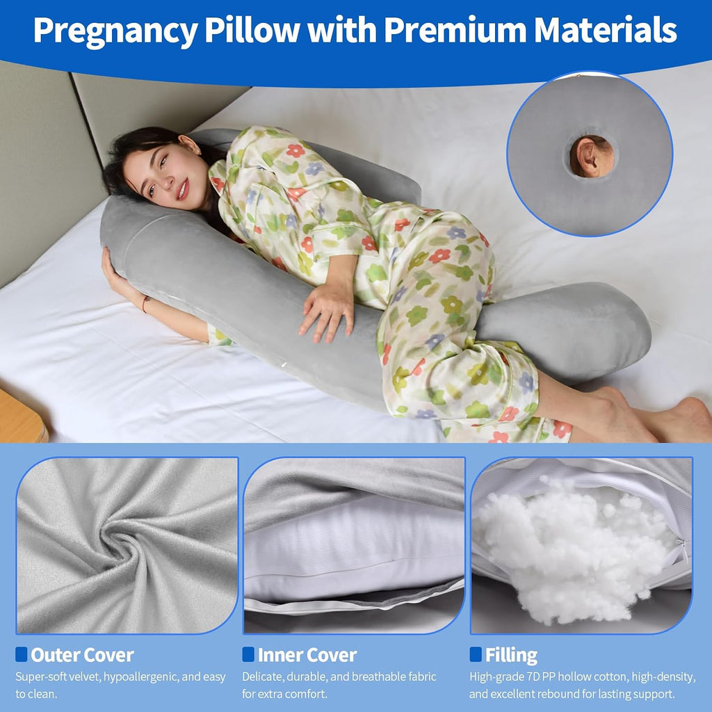 Pozico U-Shaped Full Body Pillow for Side Sleepers – 51-Inch Cooling Pregnancy Pillow with Ear Piercing Design for Neck, Back, and Hip Supp…