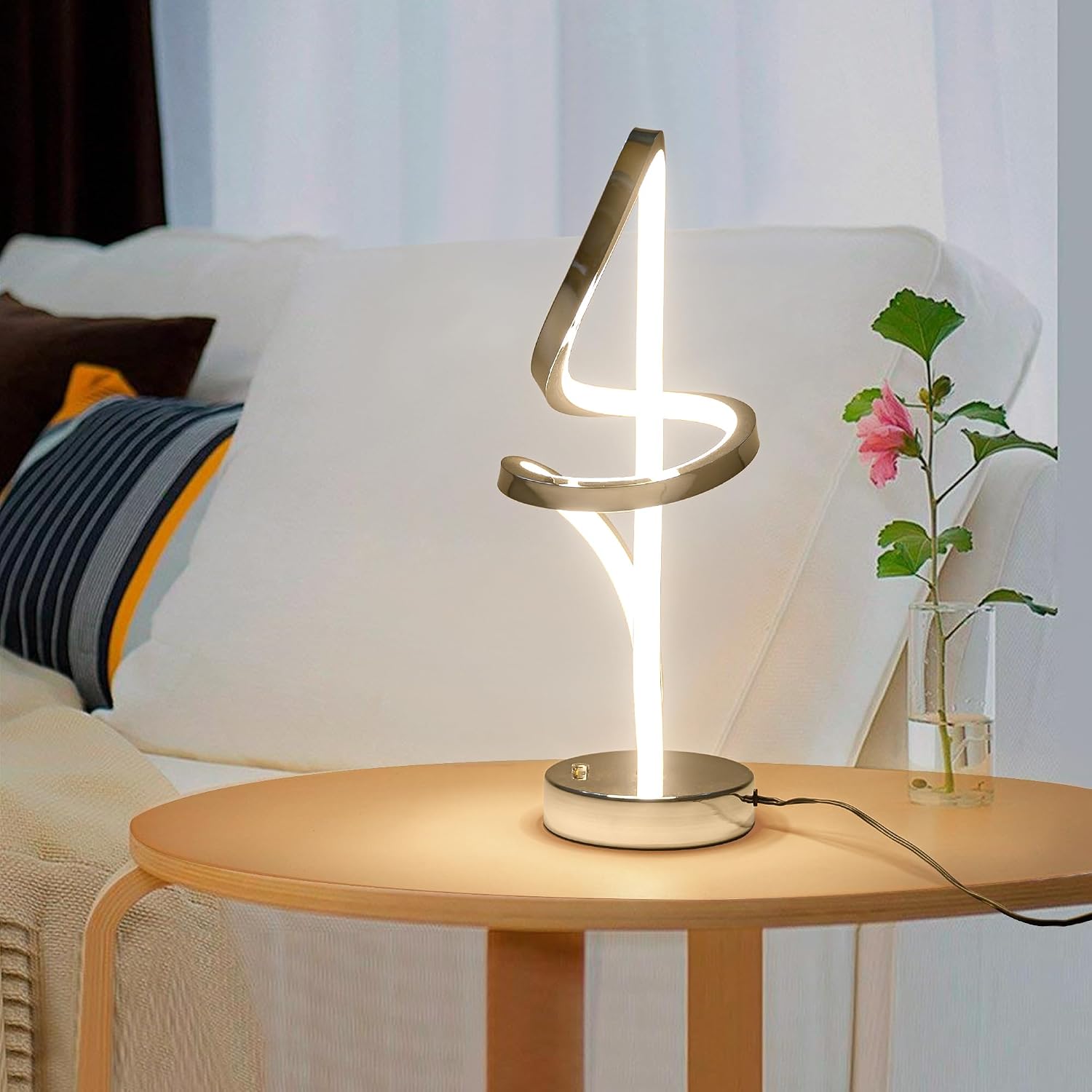 Mayful RGB Modern Table Lamp with 15W LED Unique Spiral Design, Silver Small Bedside Lamp & Nightstand Lamp, Touch Dimmable with 7 Colors…
