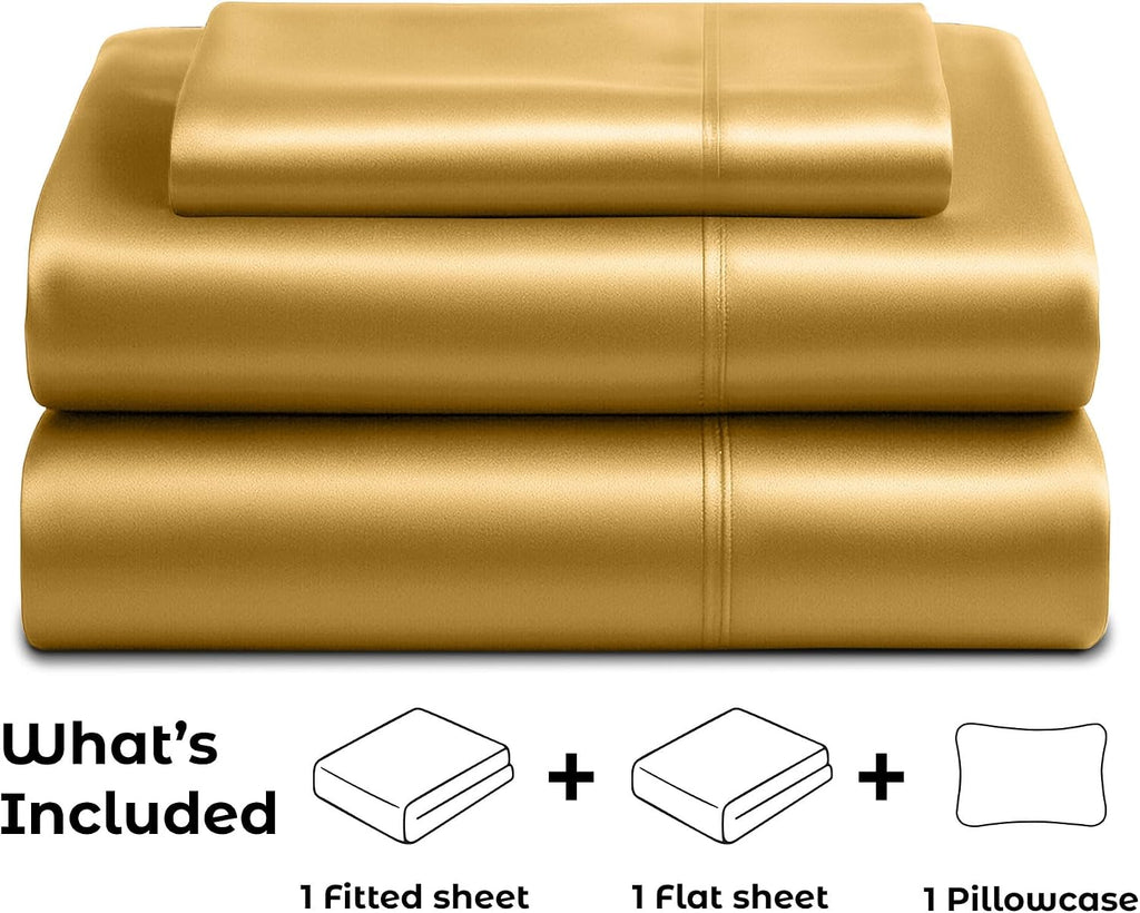PureBedding Satin Sheets Twin [3-Piece, Gold] Hotel Luxury Silky Bed Sheets - Extra Soft 1800 Microfiber Sheet Set, Wrinkle, Fade, Stain Re…