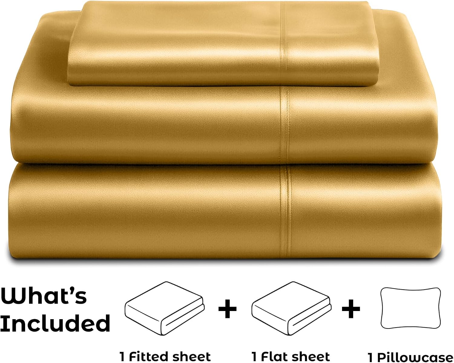 PureBedding Satin Sheets Twin [3-Piece, Gold] Hotel Luxury Silky Bed Sheets - Extra Soft 1800 Microfiber Sheet Set, Wrinkle, Fade, Stain Re…