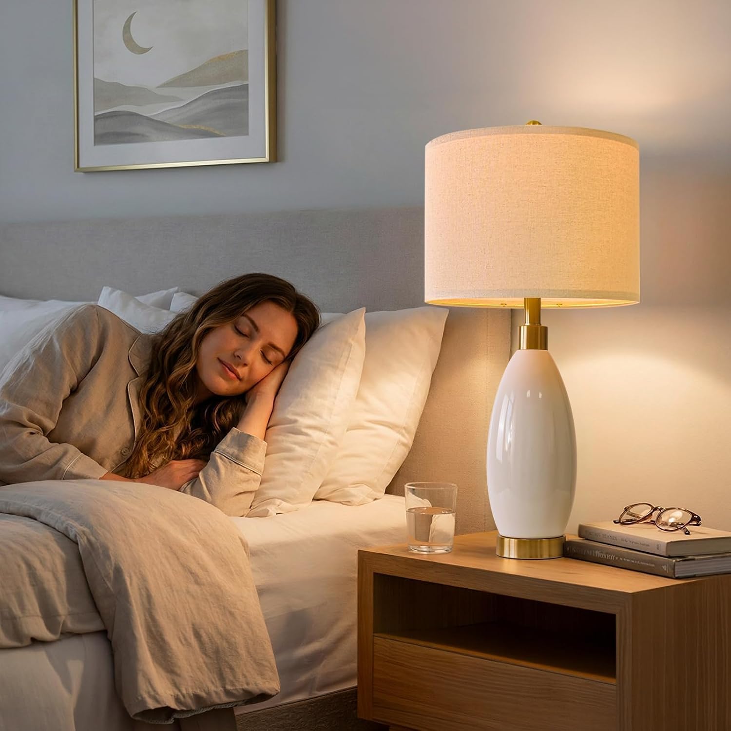 USumkky 24" White Oval Ceramic Table Lamp Set of 2, Modern Minimalist Bedside Nightstand Lamps for Bedroom Living Room, Linen Shade &…