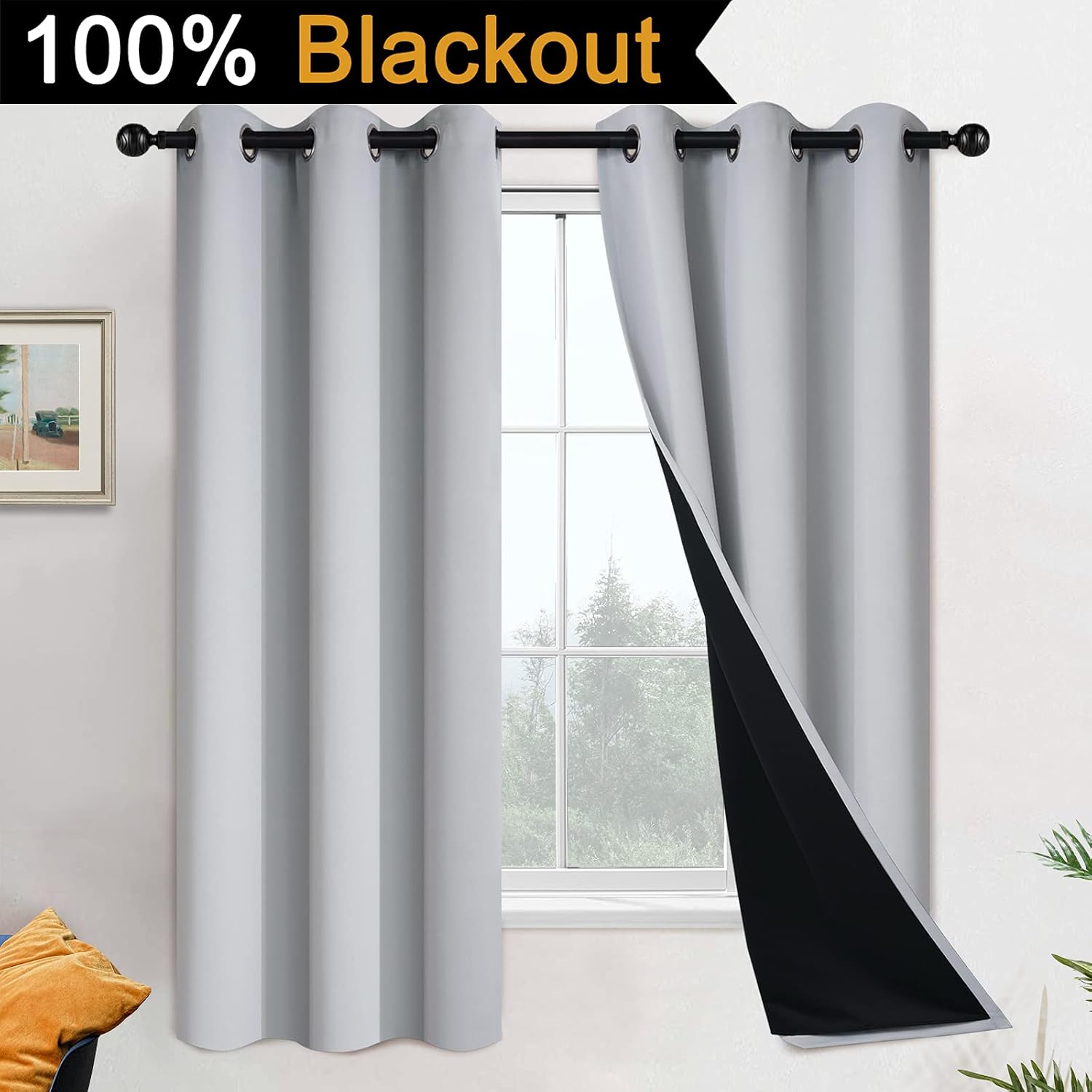 Yakamok 100% Blackout Curtains for Bedroom 63 Inch Length, 2 Thick Layers Thermal Insulated Grommet Total Blackout Drapes with Black Liner…