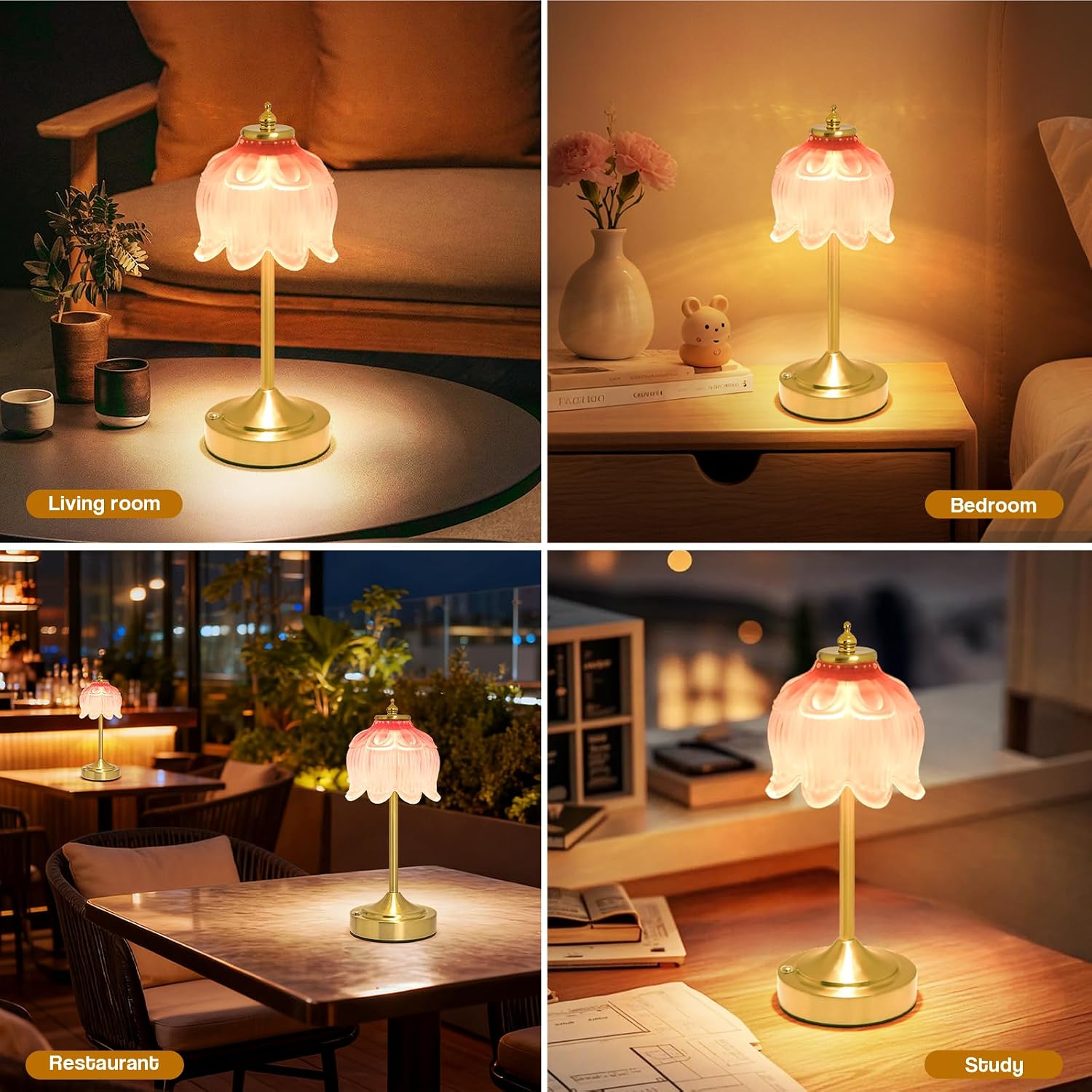 Crkwos Cordless Lotus Flower Table Lamp, 5200mAh Rechargeable Battery Operated Portable Lamp, 3-Color Dimmable Touch Control Small D…