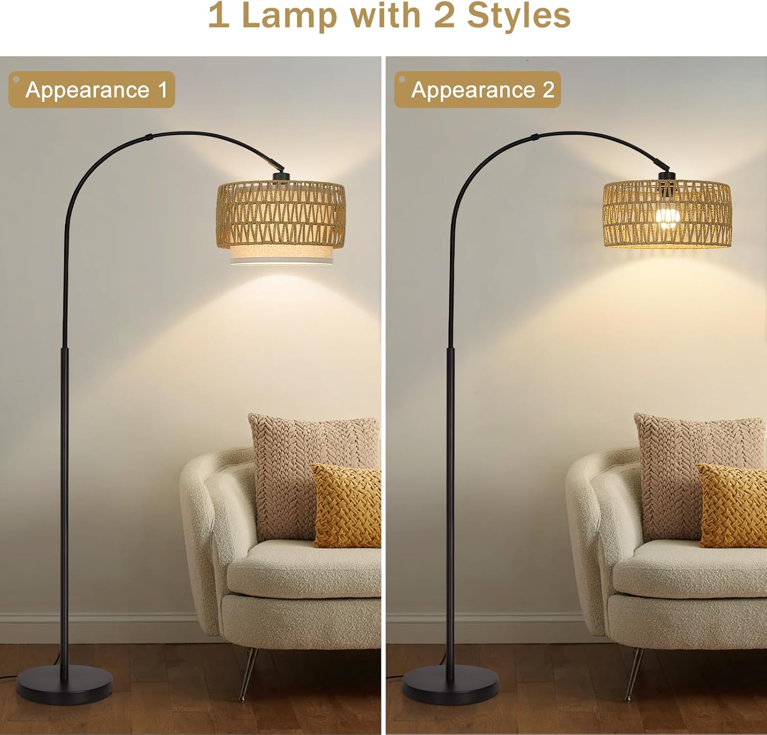 Rattan Floor Lamp, Dimmable Arc Floor Lamps for Living Room, Boho Farmhouse Standing Lamp with Adjustable Head, Tall Pole Lamp Reading…