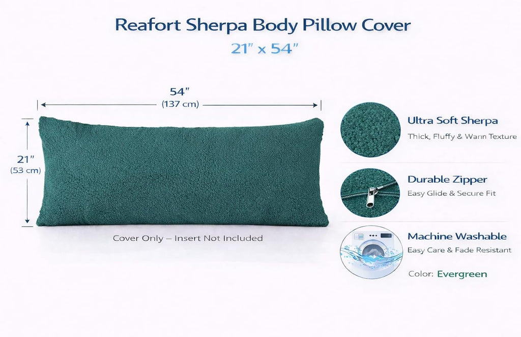 Reafort Sherpa Body Pillow Cover 21" x 54", Plush Fleece Long Body Pillowcase with Zipper Closure, Ultra Soft Fluffy Cozy Decorative…