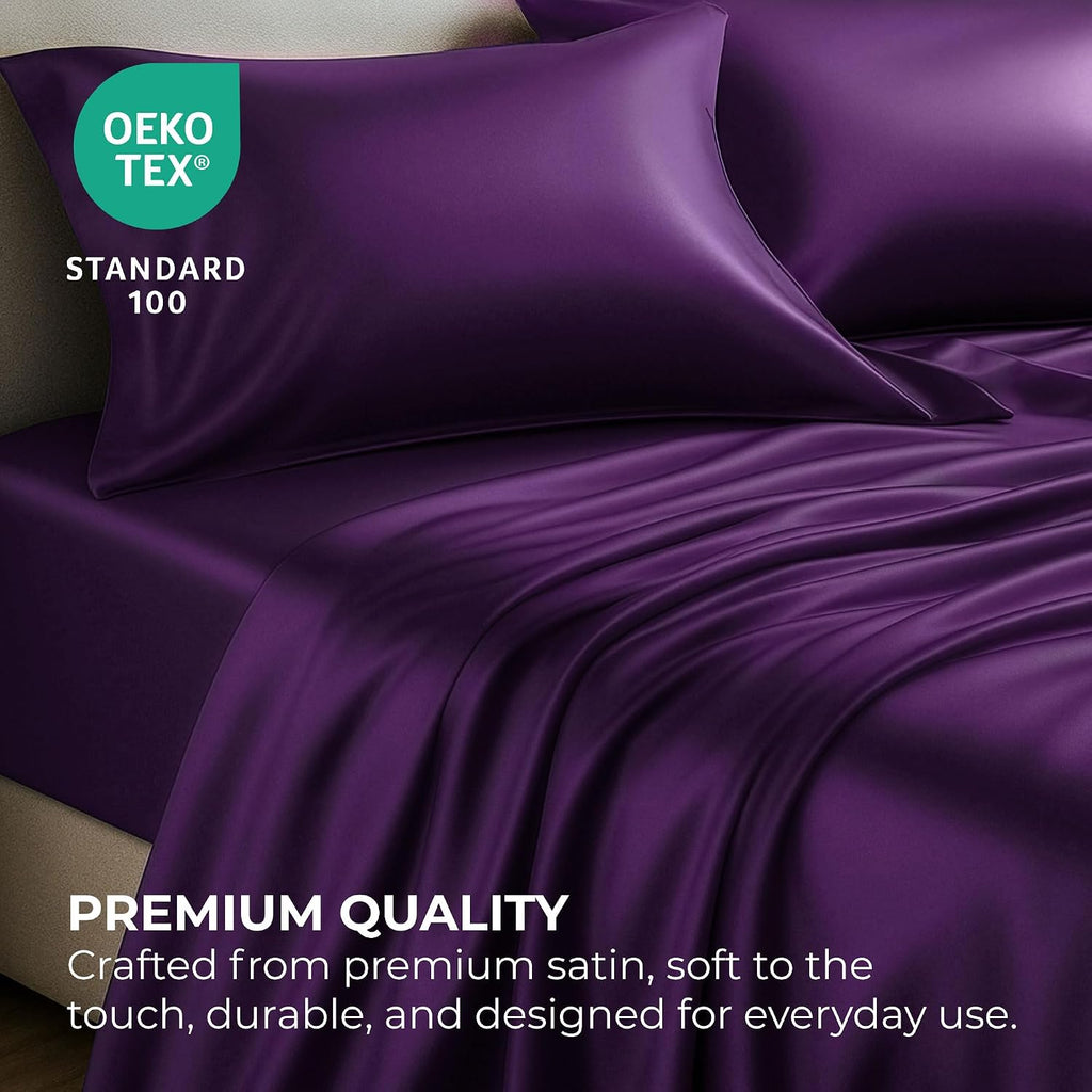 PureBedding Satin Sheets King [4-Piece, Purple] Hotel Luxury Silky Bed Sheets - Extra Soft 1800 Microfiber Sheet Set, Wrinkle, Fade, Stain…