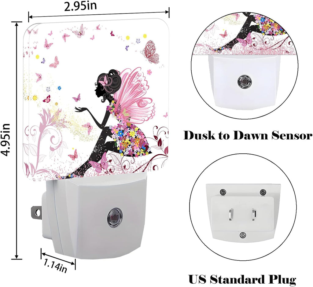 Pink Beautiful Women Butterfly Night Light, Plug Into Wall with Dusk to Dawn Light Sensors, Warm Nightlights for Bedroom, Bathroom…