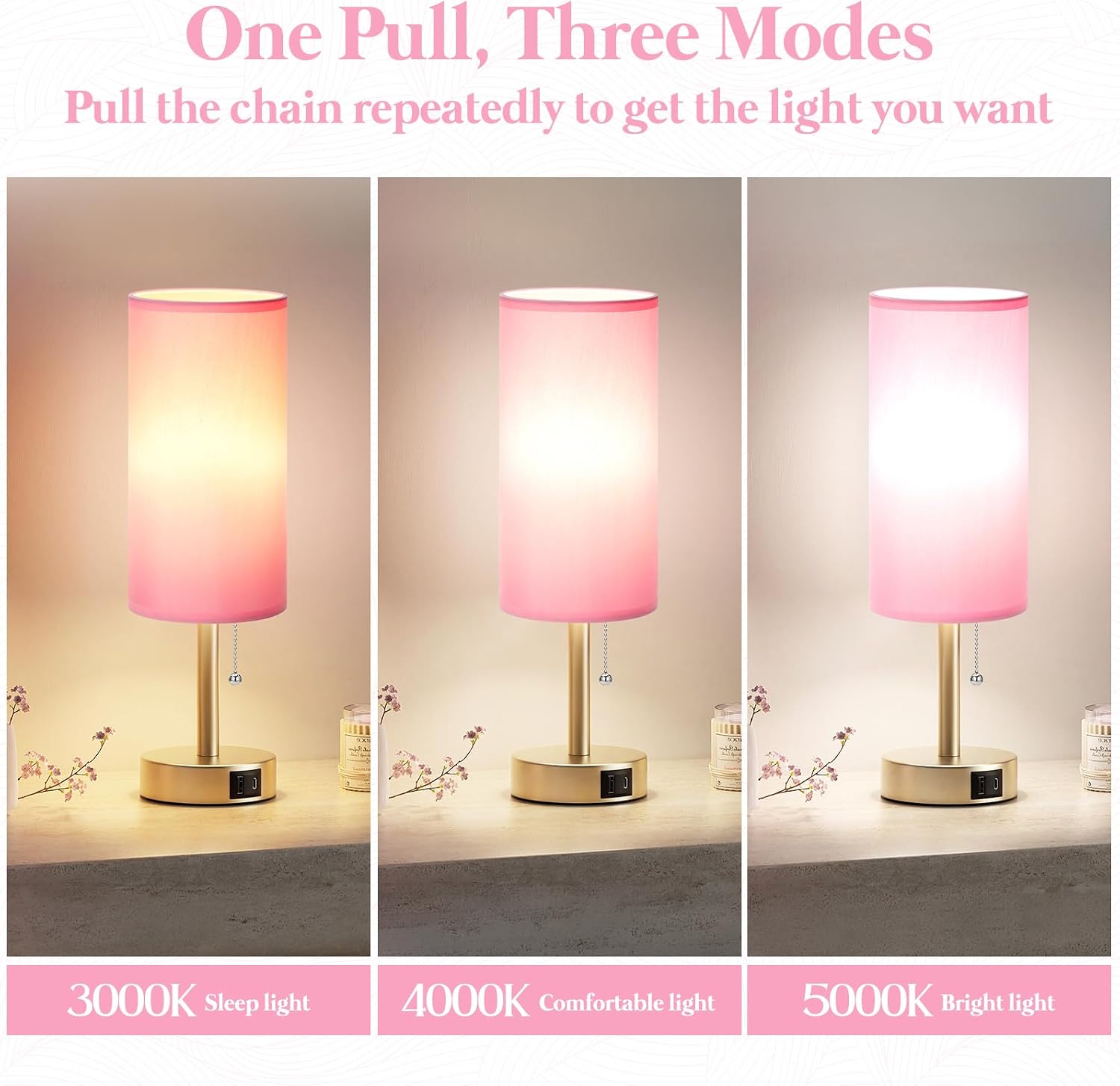 Dicoool Pink Bedside Table Lamp for Bedroom, Small Nightstand Lamp for Girls, 3 Color Temperatures & USB Charging Port, Cute Desk Lamp…