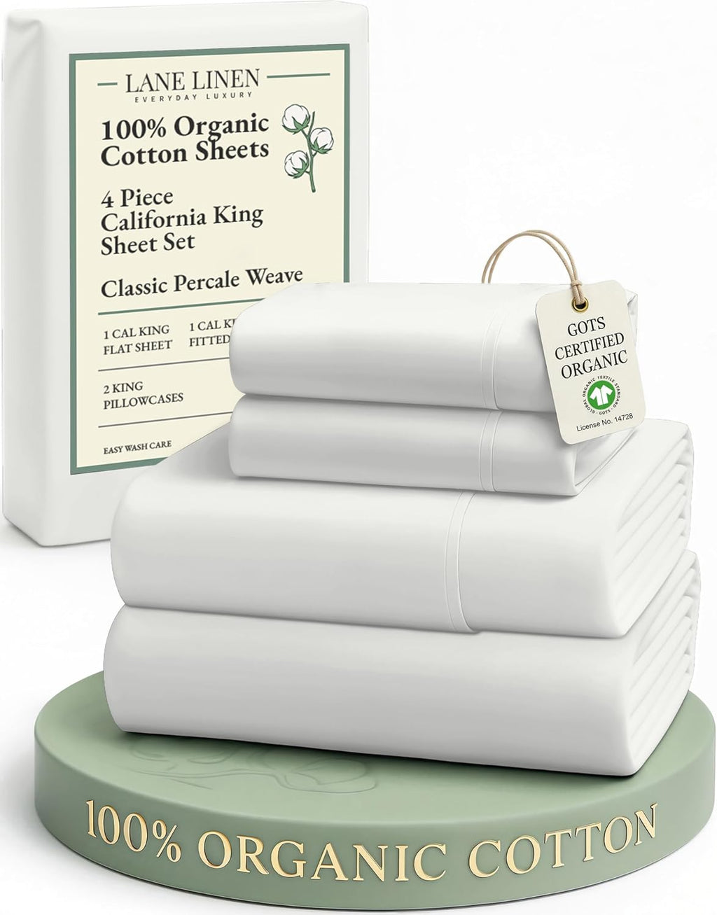 LaneLinen LANE LINEN 100% Organic Cotton California King Sheets Set, 4-Piece Pure Organic Cotton Long Staple Percale Weave Soft Bedding She…