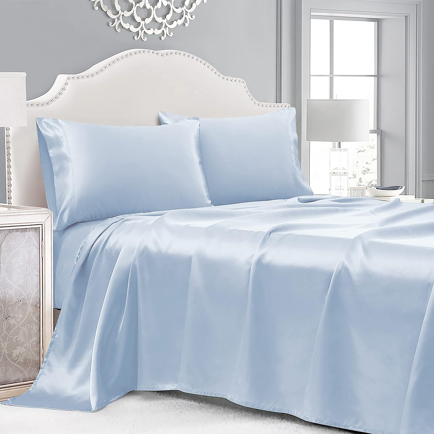 Cobedzy 3 Pieces Light Blue Satin Sheets Twin Size Bed Set, Luxury Silky Satin Bedding Sheets Set with 1 Deep Pocket Fitted Sheet, 1 Soft F…