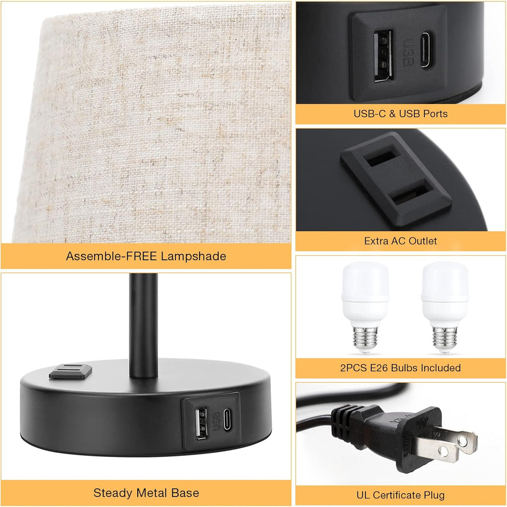 Mini Bedside Lamps for Bedrooms Set of 2 - Nightstand Bedroom Lamps with USB C Port and AC Outlet Charging, Dimmable Touch Small Bed Side…