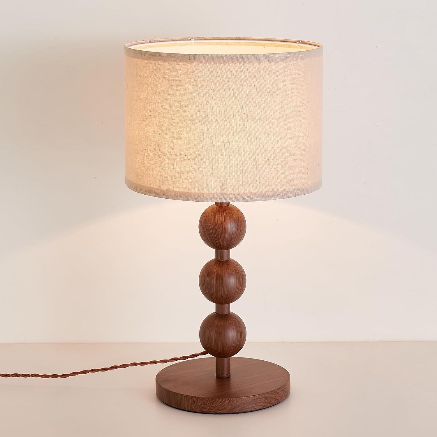 Bedside Nightstand Table Lamp for Bedroom, Red Wood Pattern Iron Desk Lamp with Fabric Shade, Mid Century Modern Farmhouse Lamps for…