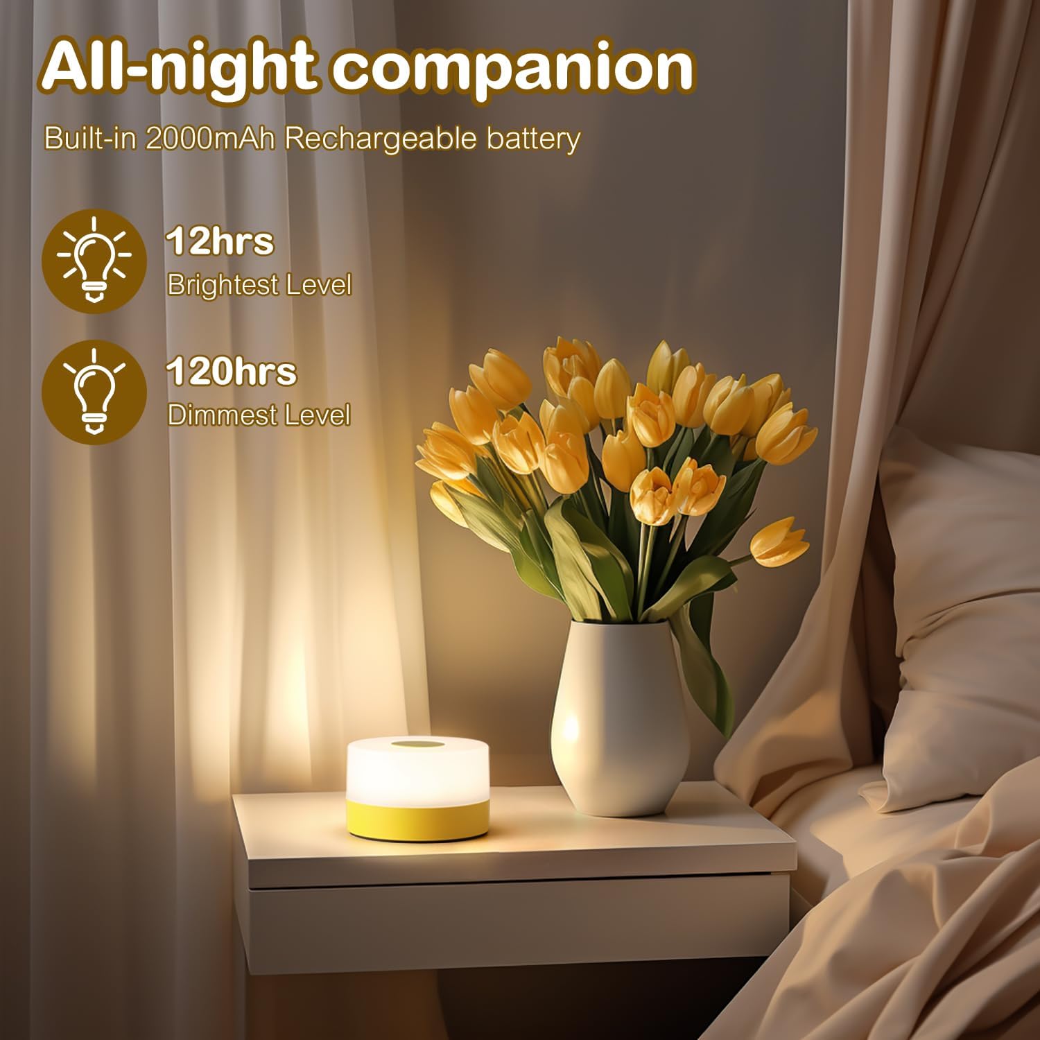 JUSHENG Night Light for Baby Nursery, USB Rechargeable Touch Lamp for Bedroom Nightstand with 3CCT & Dimming Function LED Battery…
