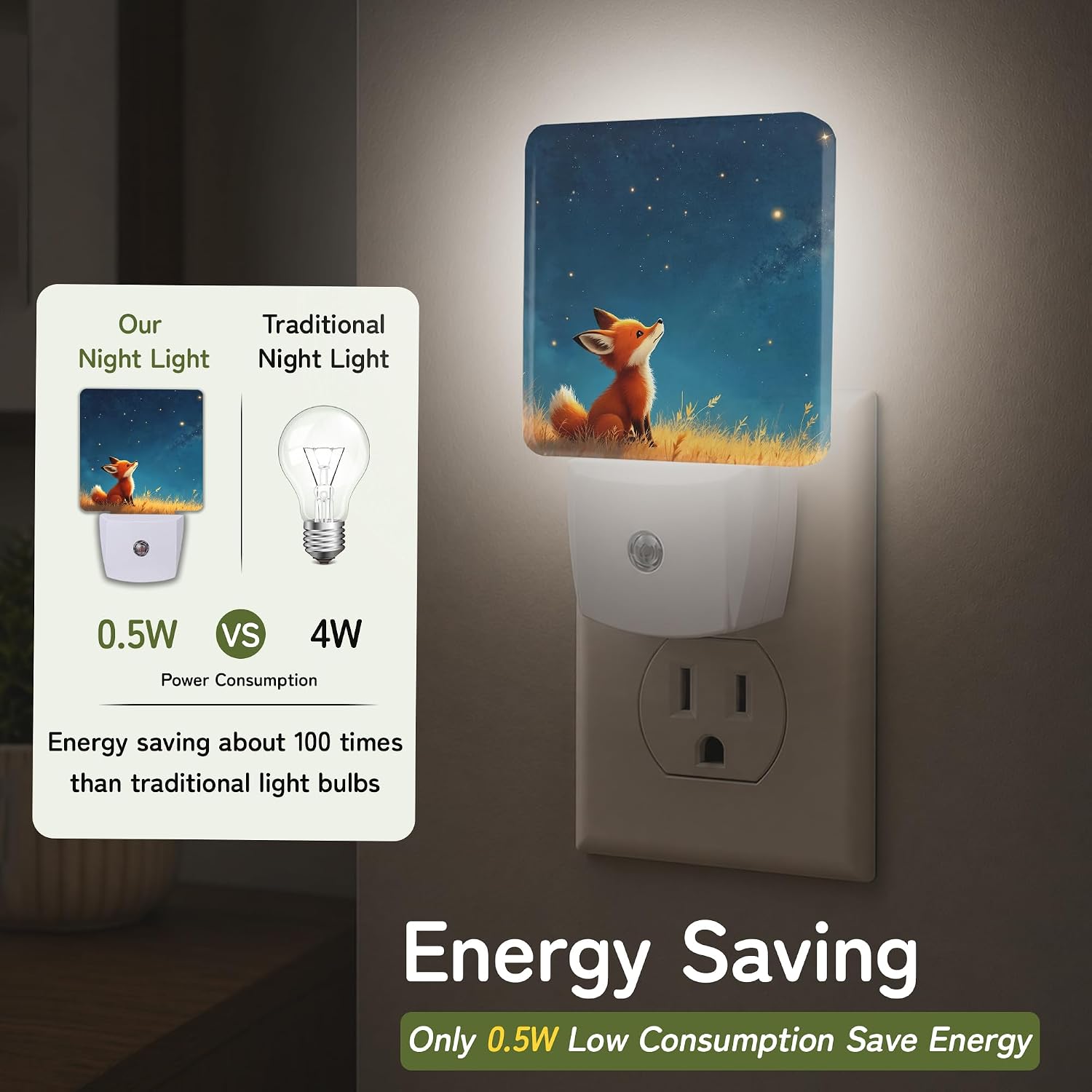 Woodland Fox Stars Night Lights Plug into Wall, Night Light for Bedroom Bathroom Hallway Kitchen, Auto Dusk to Dawn Sensor Decorative…