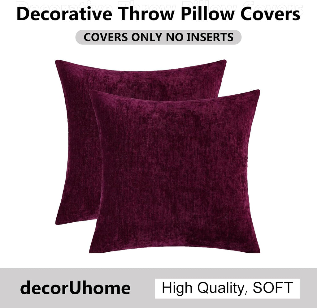 decorUhome Chenille Burgundy Throw Pillow Covers 22x22 Inch Set of 2, Decorative Soft Couch Pillow Covers Solid Dyed Accent Farmhouse Neutr…