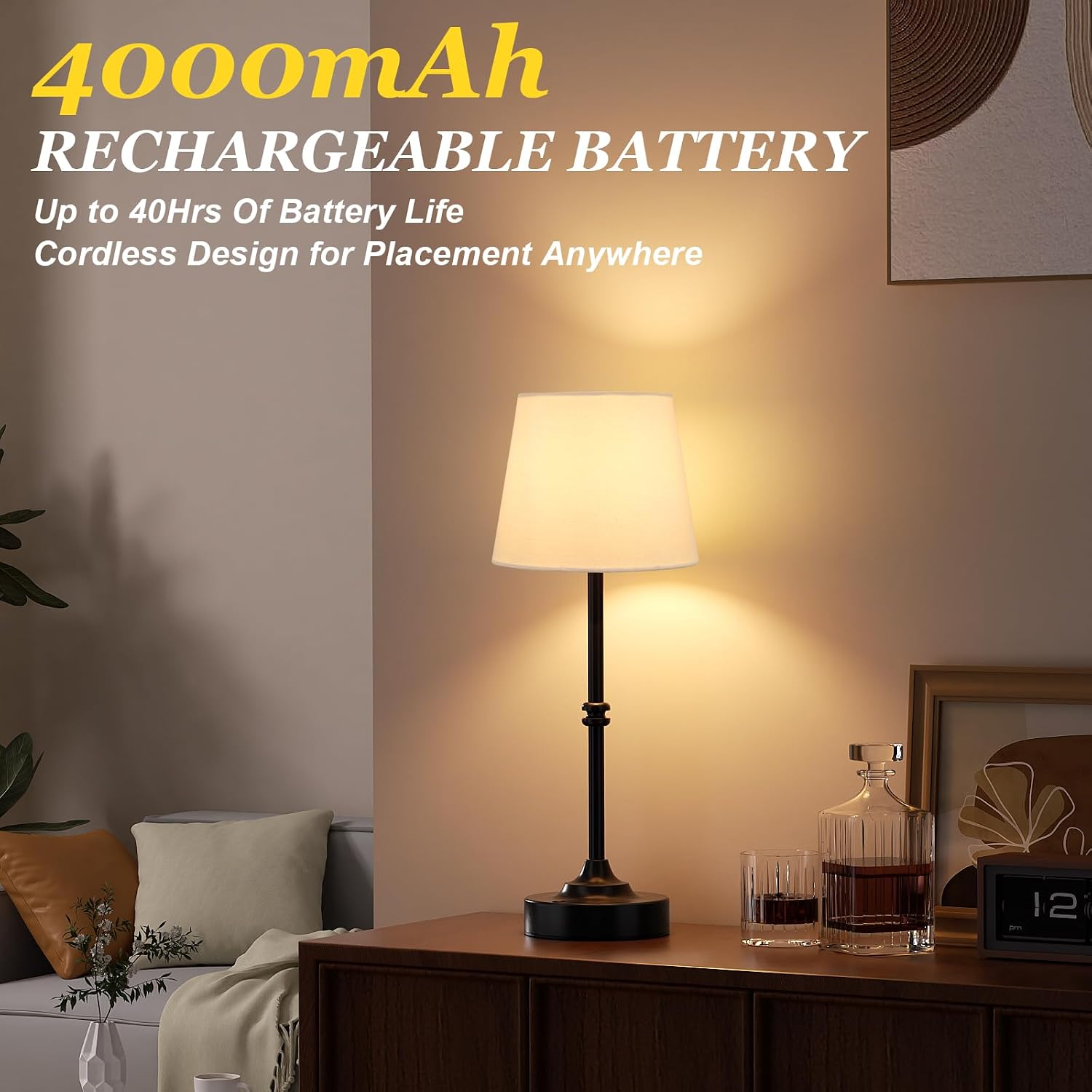 Kakanuo Rechargeable Cordless Table Lamp Black - 2 Pack 4000mAh Battery Operated Lamp, 3000K Warm Light, Touch Control Stepless Dimming…