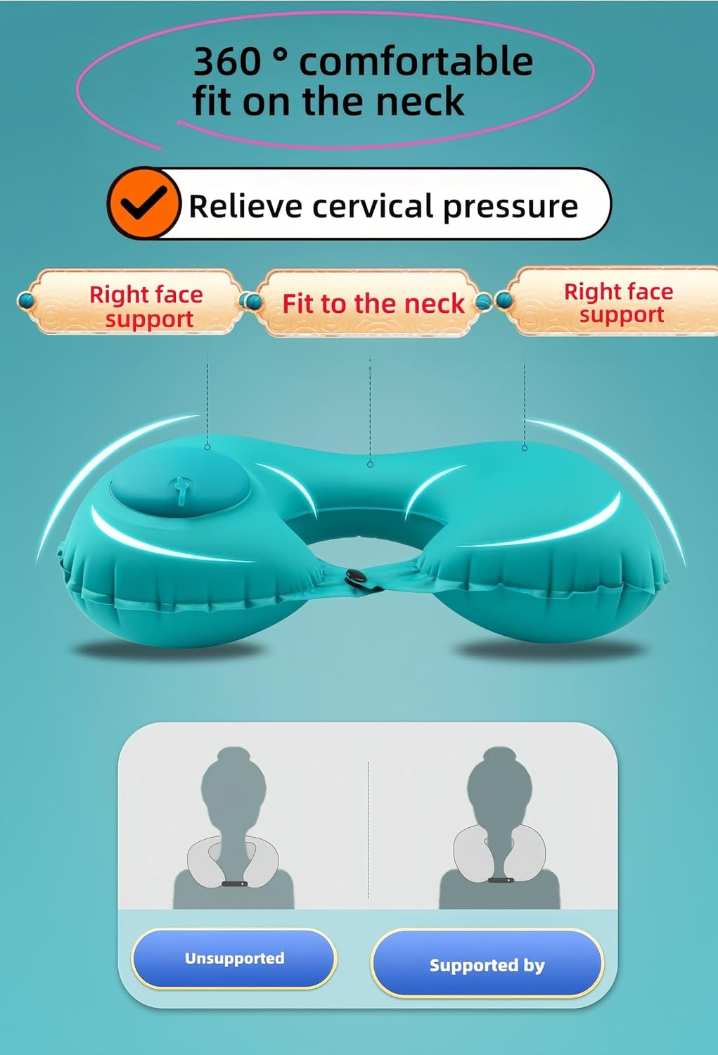 18-30s Quick Inflate /Deflate Neck Pillow for Travel - Adjustable Cervical Support with Dual Buckles, Breathable Milk Silk, Compact…