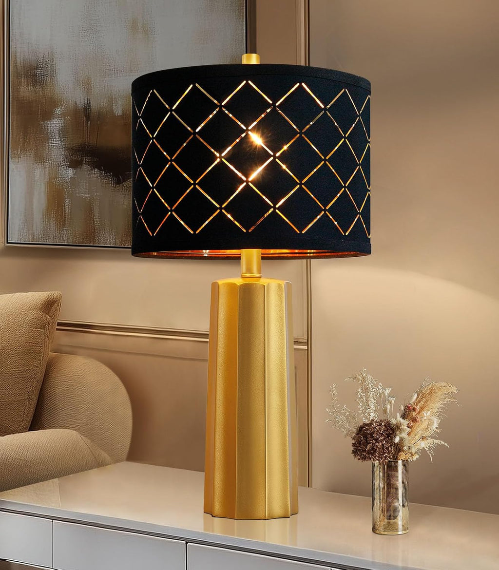 24" Modern Table Lamp for Living Room Bedroom, Gold Nightstand Resin Lamp with Black Grid Shade