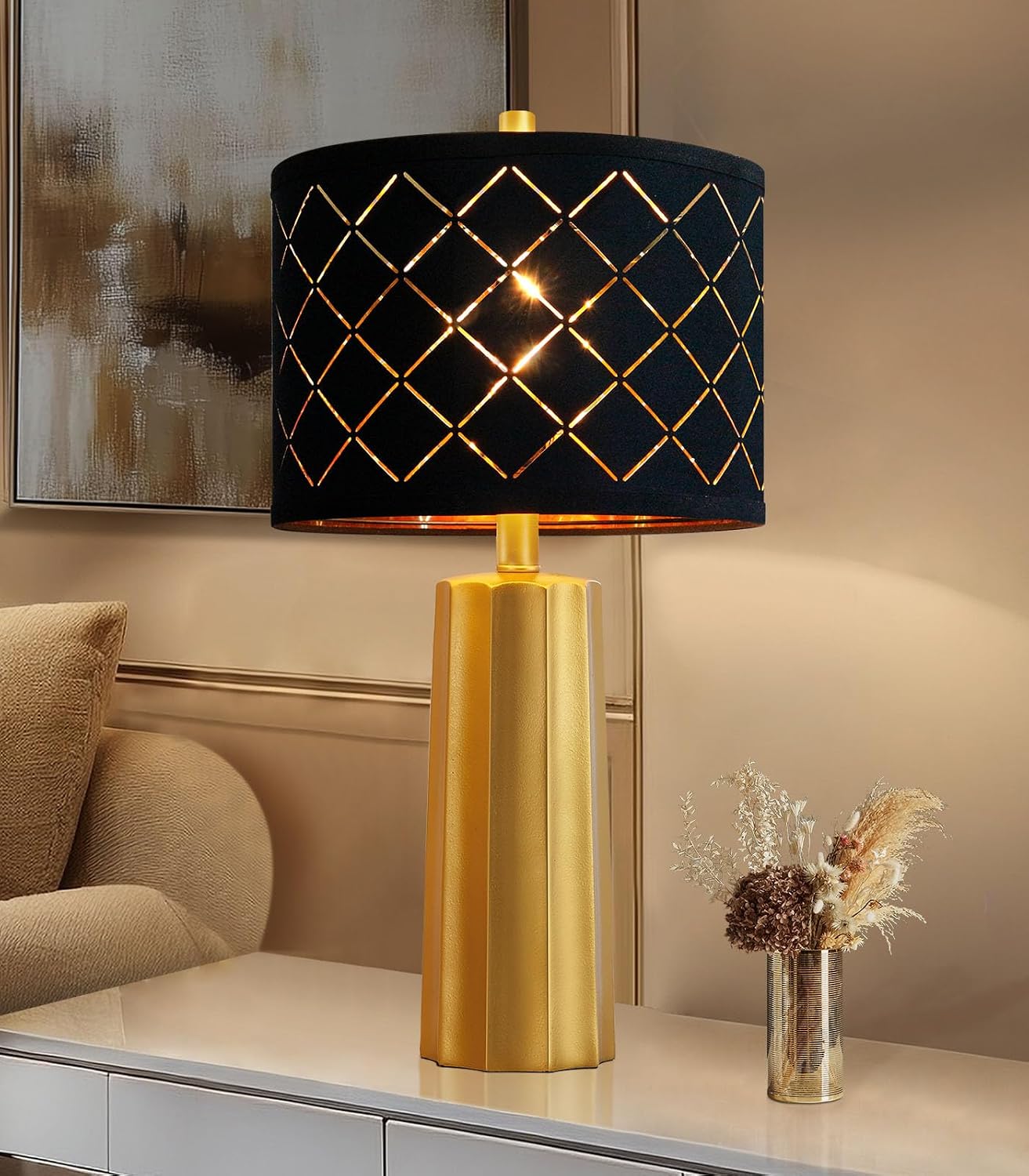 24" Modern Table Lamp for Living Room Bedroom, Gold Nightstand Resin Lamp with Black Grid Shade