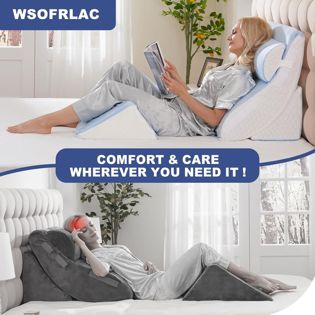 WSOFRLAC 4PCS Bed Wedge Pillow for Sleeping and Sitting Up, Orthopedic Memory Foam Pillow Set for Back Pain, Post Surgery Recovery, Acid…