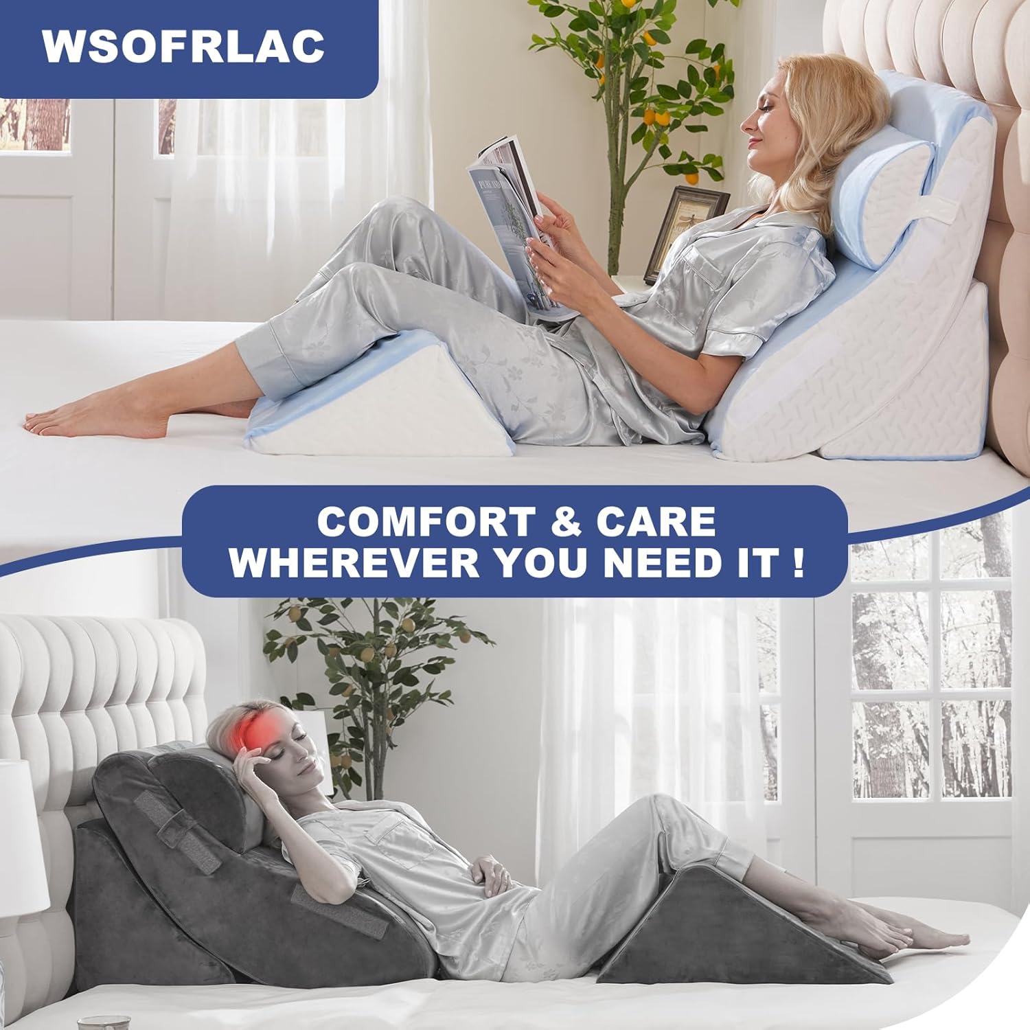 WSOFRLAC 4PCS Bed Wedge Pillow for Sleeping and Sitting Up, Orthopedic Memory Foam Pillow Set for Back Pain, Post Surgery Recovery, Acid…