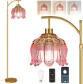 QIYIZM Pink Floor Lamp for Living Room, Bedroom, Glass Gold Dimmable Standing Lamp with Remote, Mid Century Modern Brass Tall Lamp Boho…