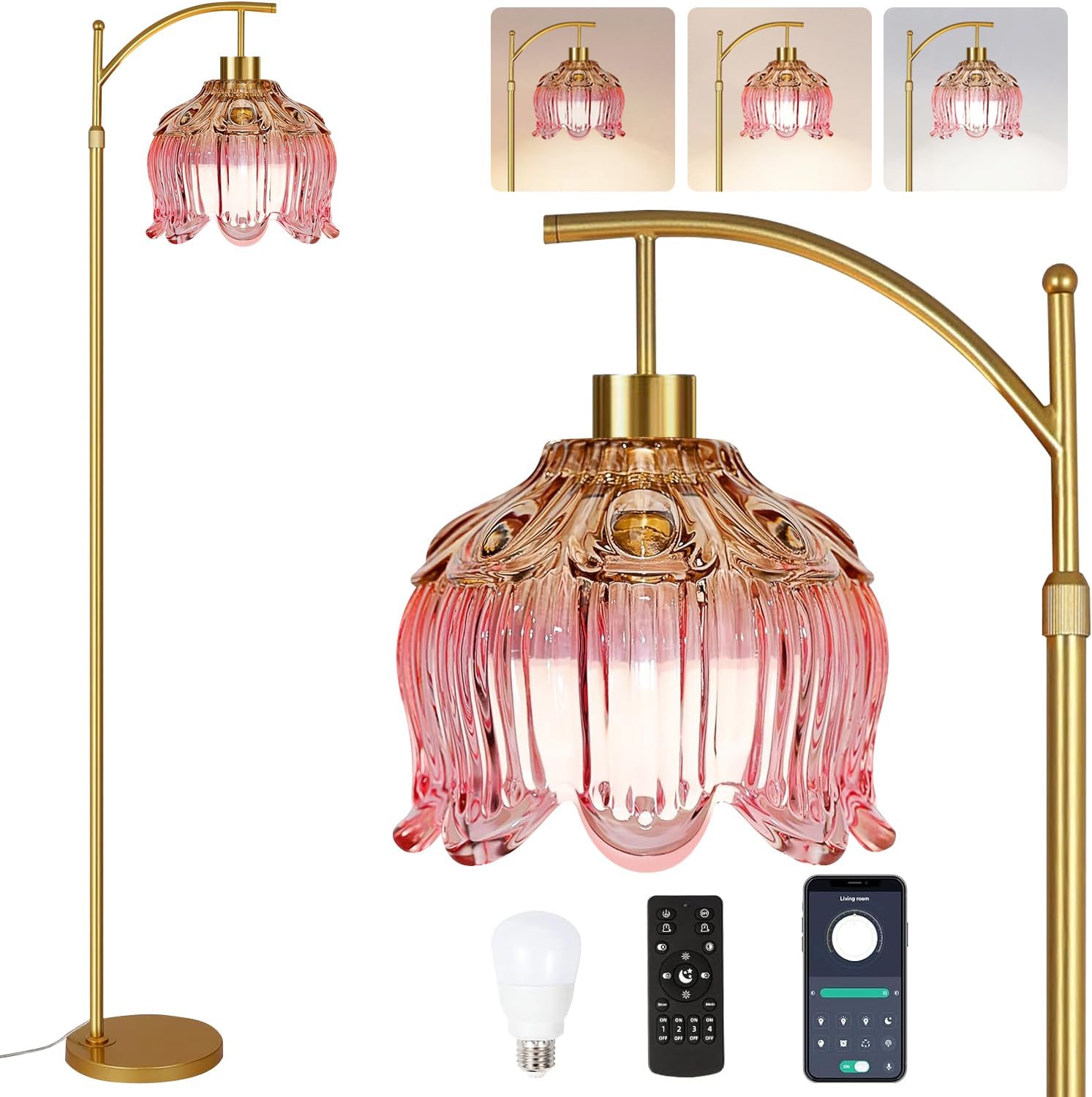 QIYIZM Pink Floor Lamp for Living Room, Bedroom, Glass Gold Dimmable Standing Lamp with Remote, Mid Century Modern Brass Tall Lamp Boho…