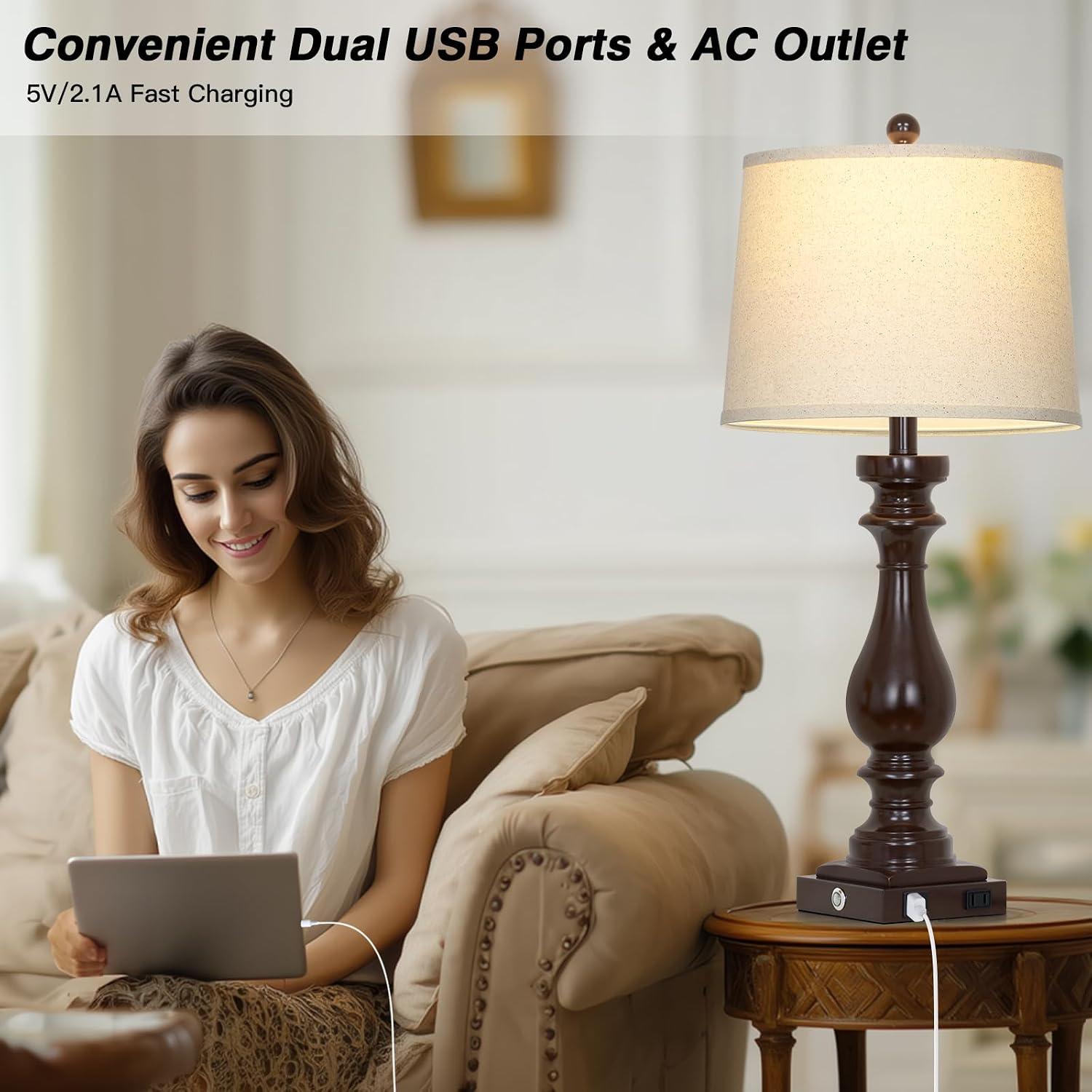 Cinkeda 29" Tall Farmhouse Table Lamp for Living Room Set of 2, Vintage Retro Nightstand Lamps with USB C+A Ports & AC Outlet,3-Way…