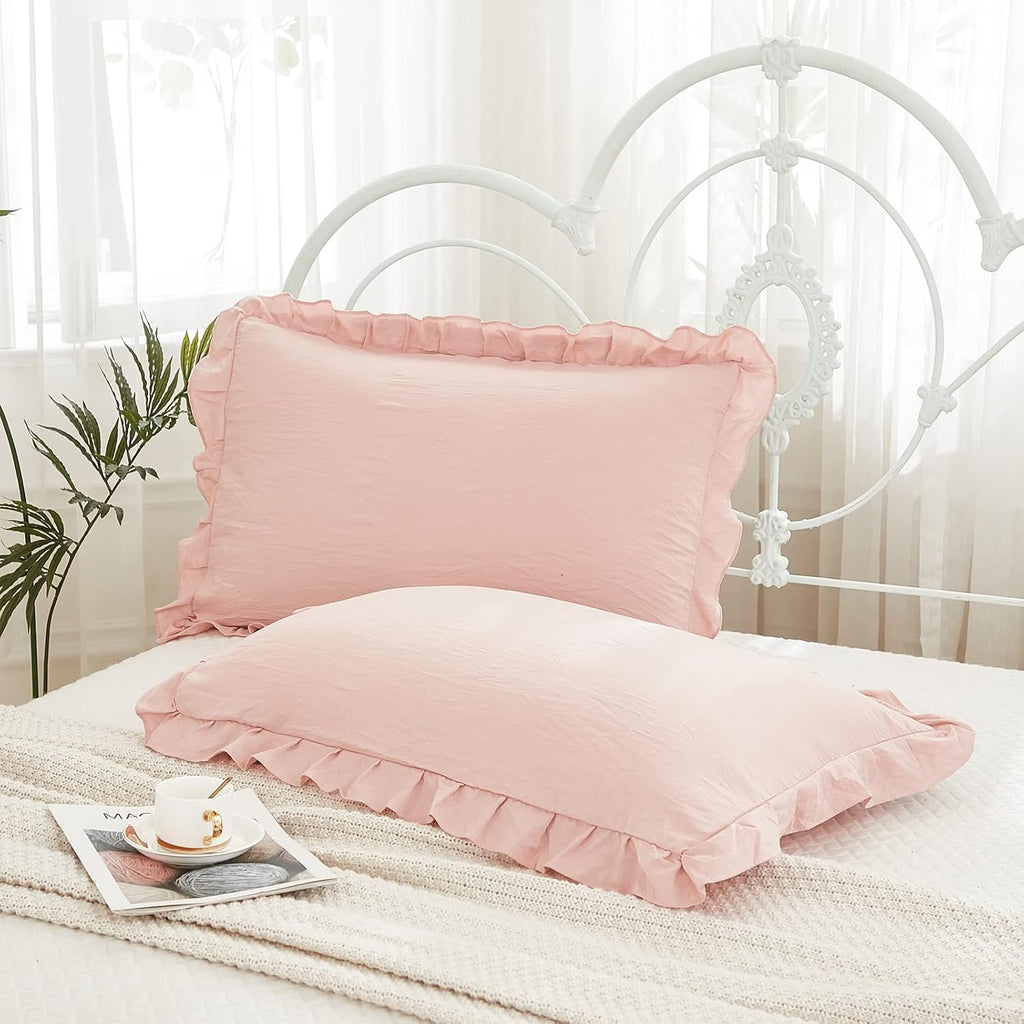 Merryword Pink Pillowcases King Pillowcases Ruffled Pillow Shams Set of 2 Cute Pillowcases Solid Ruffled Fringe Design Baby Pink Shabby Chi…