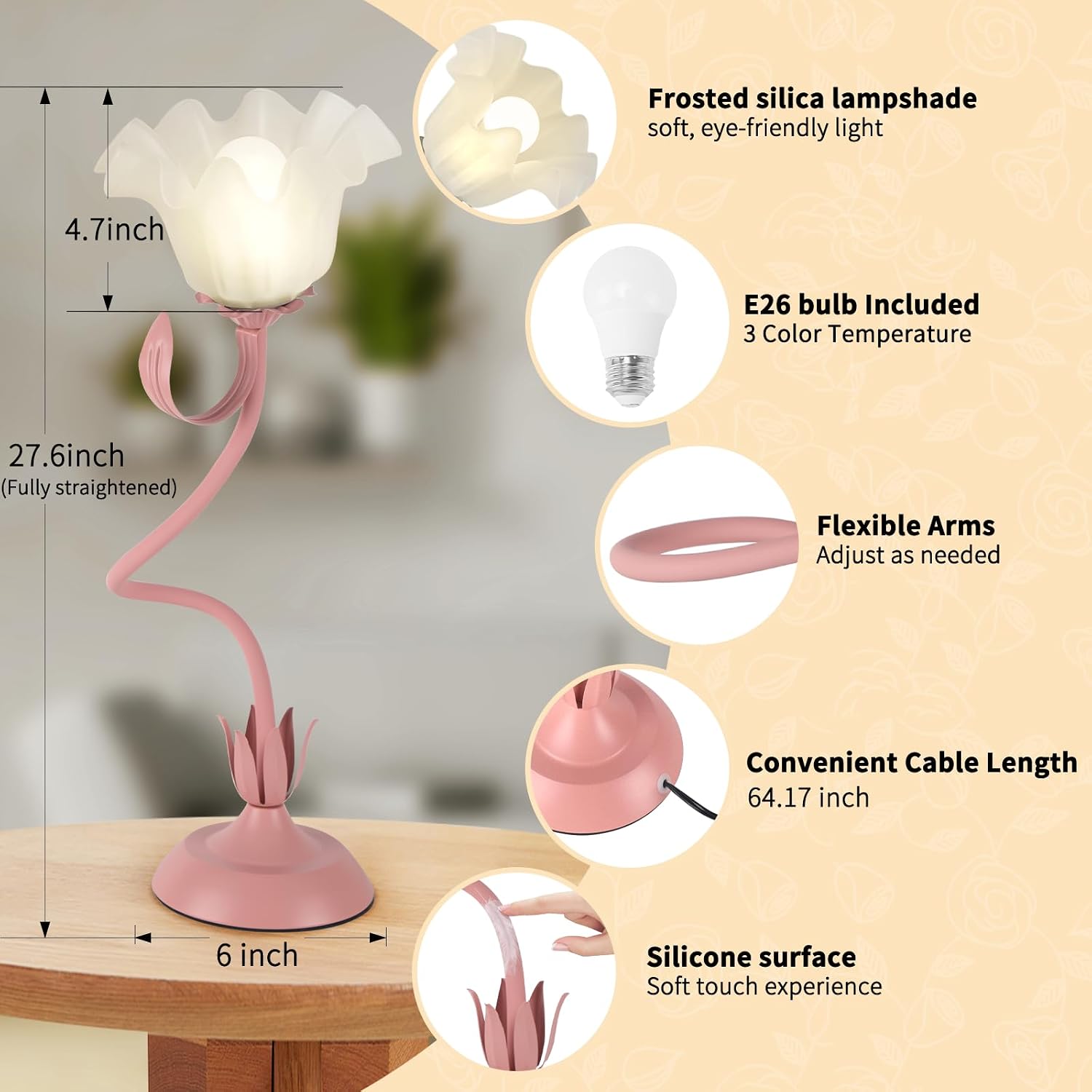 Cute Flower Desk Lamp, 3 Color Temperature Table Lamps with LED Bulb, Vintage Bedside Lamp, Reading Lamps with Soft Light for Bedroom…