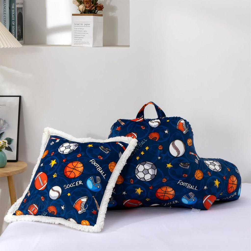 Holawakaka Reading Pillow with Arms, Sports Baseball Basketball Rugby Print Plush Bed Rest Pillows for Kids Teens Sitting in Bed, Sofa, Chai…