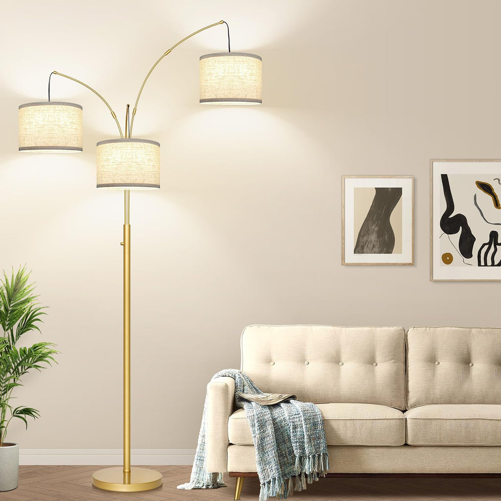 Dimmable Gold Floor Lamp, 3 Lights Arc Floor Lamps for Living Room, Modern Tall Standing Tree Lamp with White Shade & Heavy Base, Large…