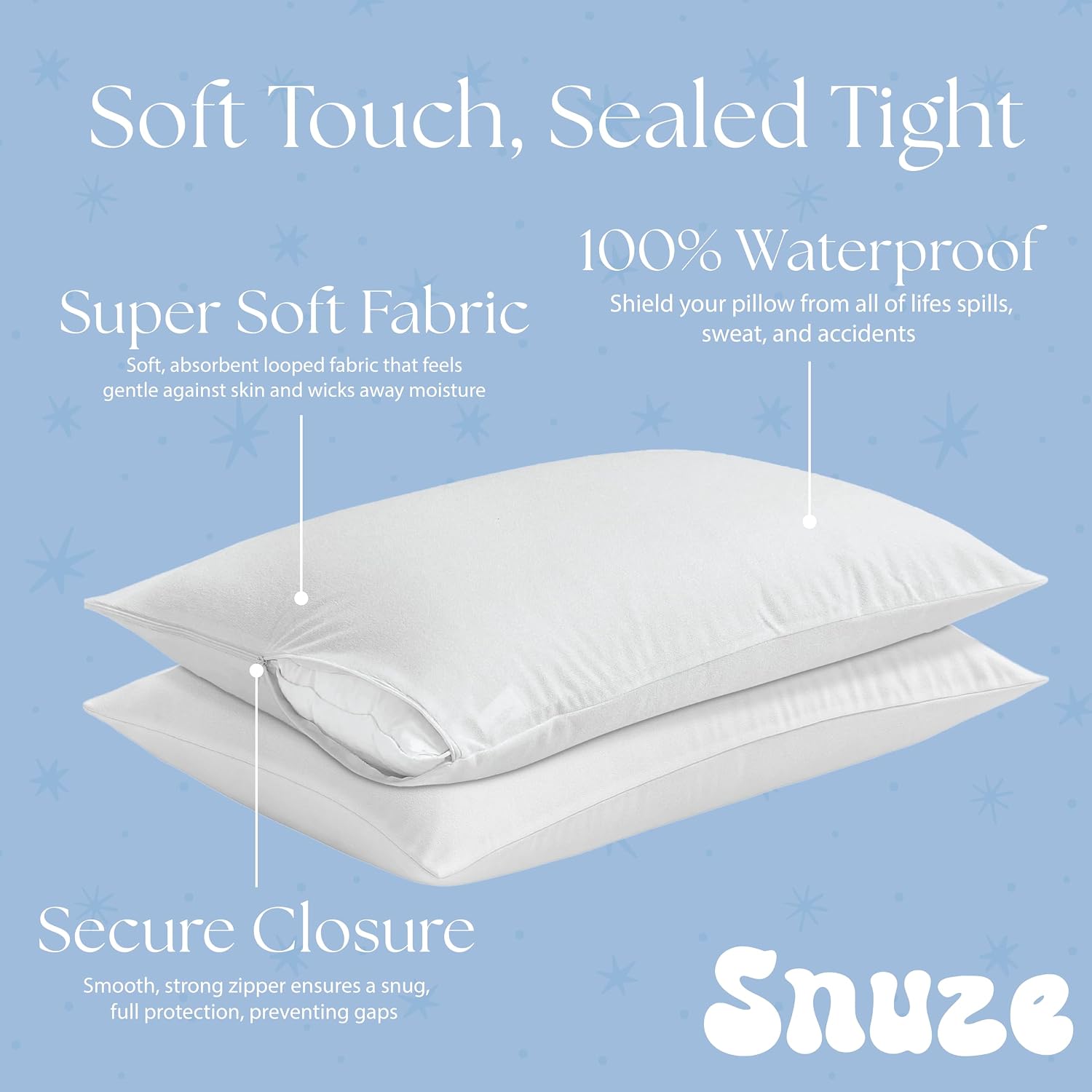 Snuze Snuze Terry Pillow Protector 2-Pack Standard/Queen Size (20” x 28”) Waterproof, Zippered, Machine Washable, Hypoallergenic Cov…