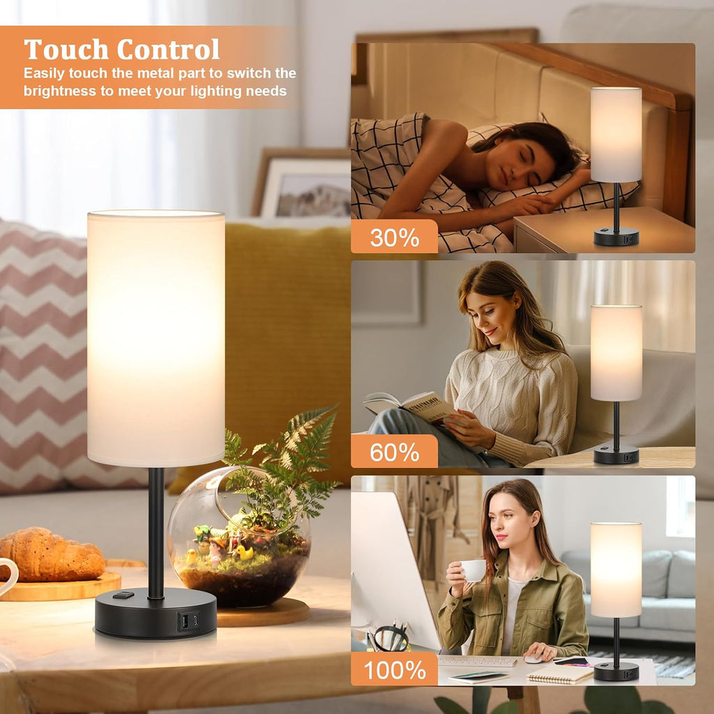 PartageiZ 17.4inches Tall White Bedroom Lamps Set of 2-3 Way Dimmable Touch Table Lamps with USB C and A Ports, Lamps for Nightstand with…